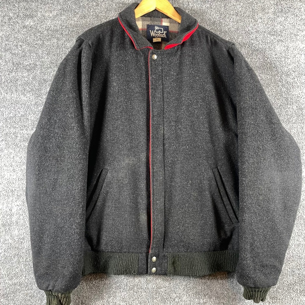 Vintage Woolrich Jacket Mens XXL Gray Red Trim Plaid Lined Heavyweight Wool 80s